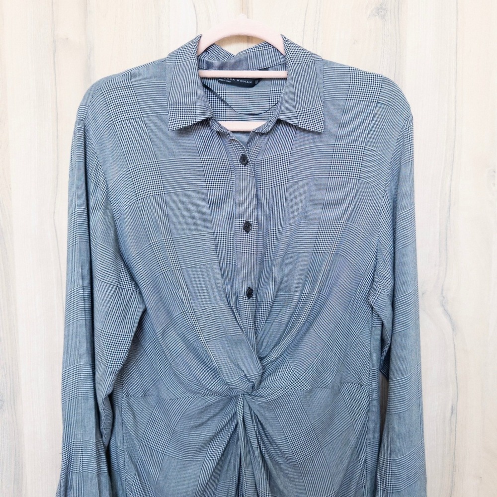 Zara Womens Plaid Shirt Midi Dress S Gray Long Sleeve Twist Front Preppy Office - Picture 3 of 8